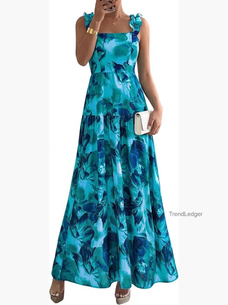 Sleeveless Smocked Floral Maxi Dress Square Neck Ruffle Boho Party